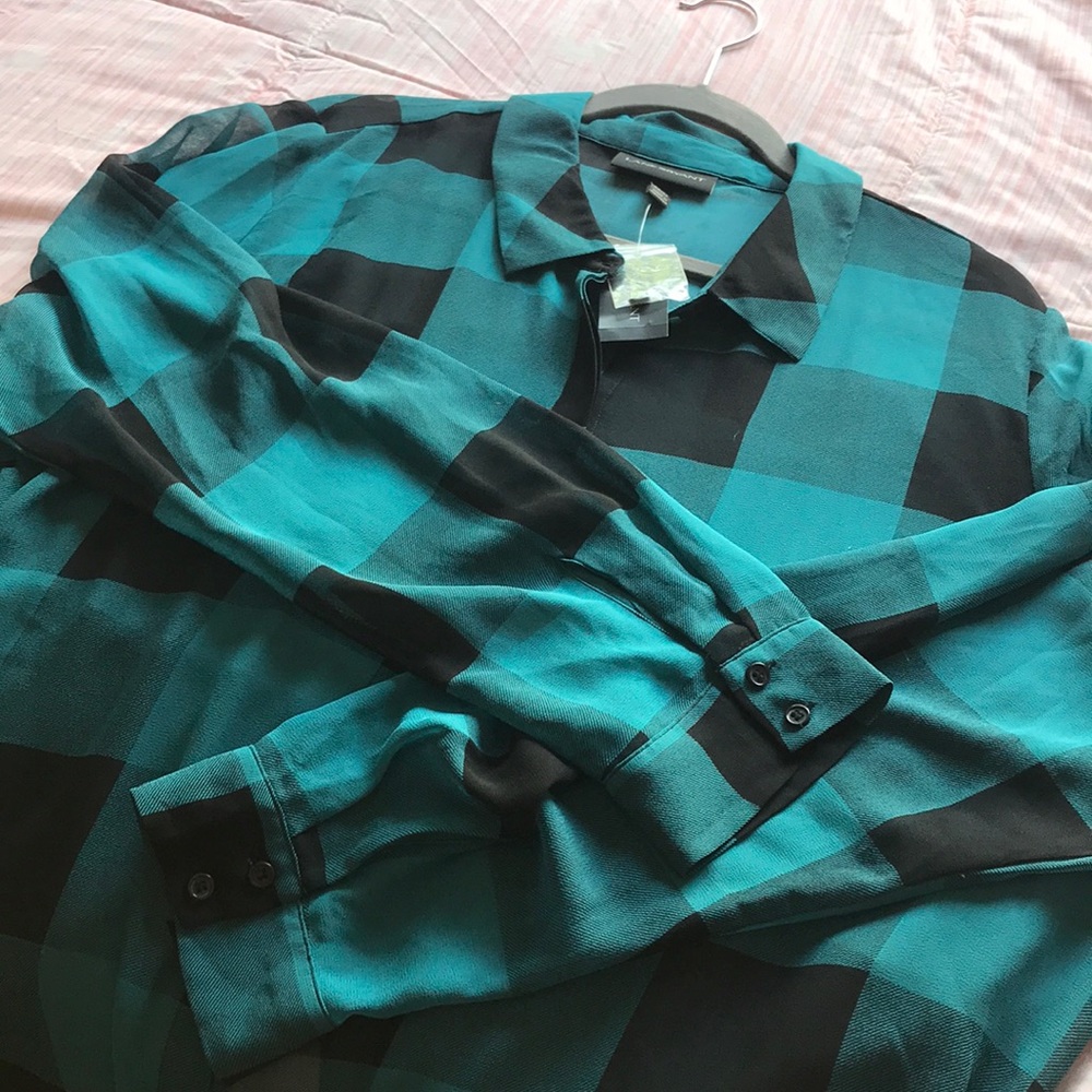Sheer long sleeve teal flannel top